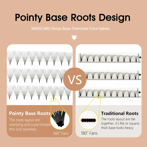 Imagen 2 del producto Pestañas de tallo estrecho y afiladas, embalaje privado personalizado, fibra de terciopelo de primera calidad, pestañas con Base puntiaguda de raíz fina de MASSCAKU