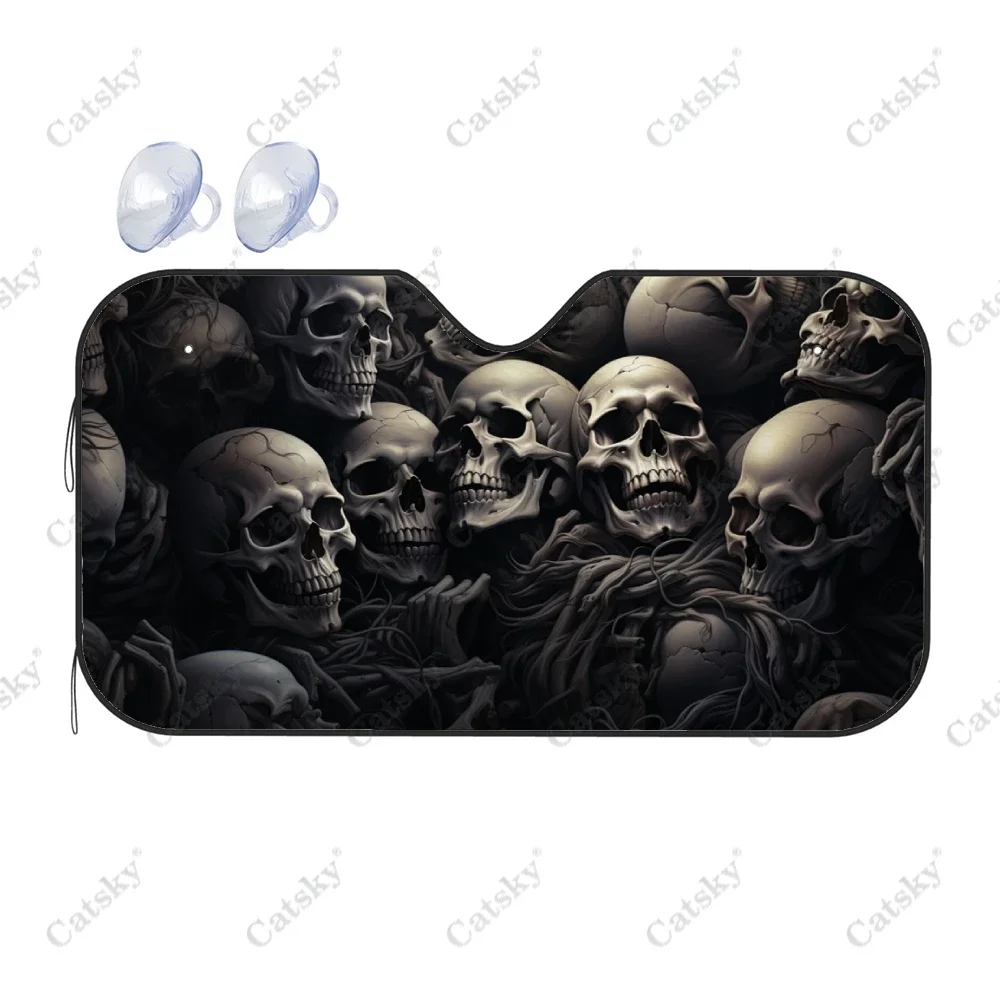 Grunge 3D Skulls Pile Car Windshield Sunshade, Auto Accessories Front Windshield Sun Shade Blocks Uv Rays Sun Visor Protector