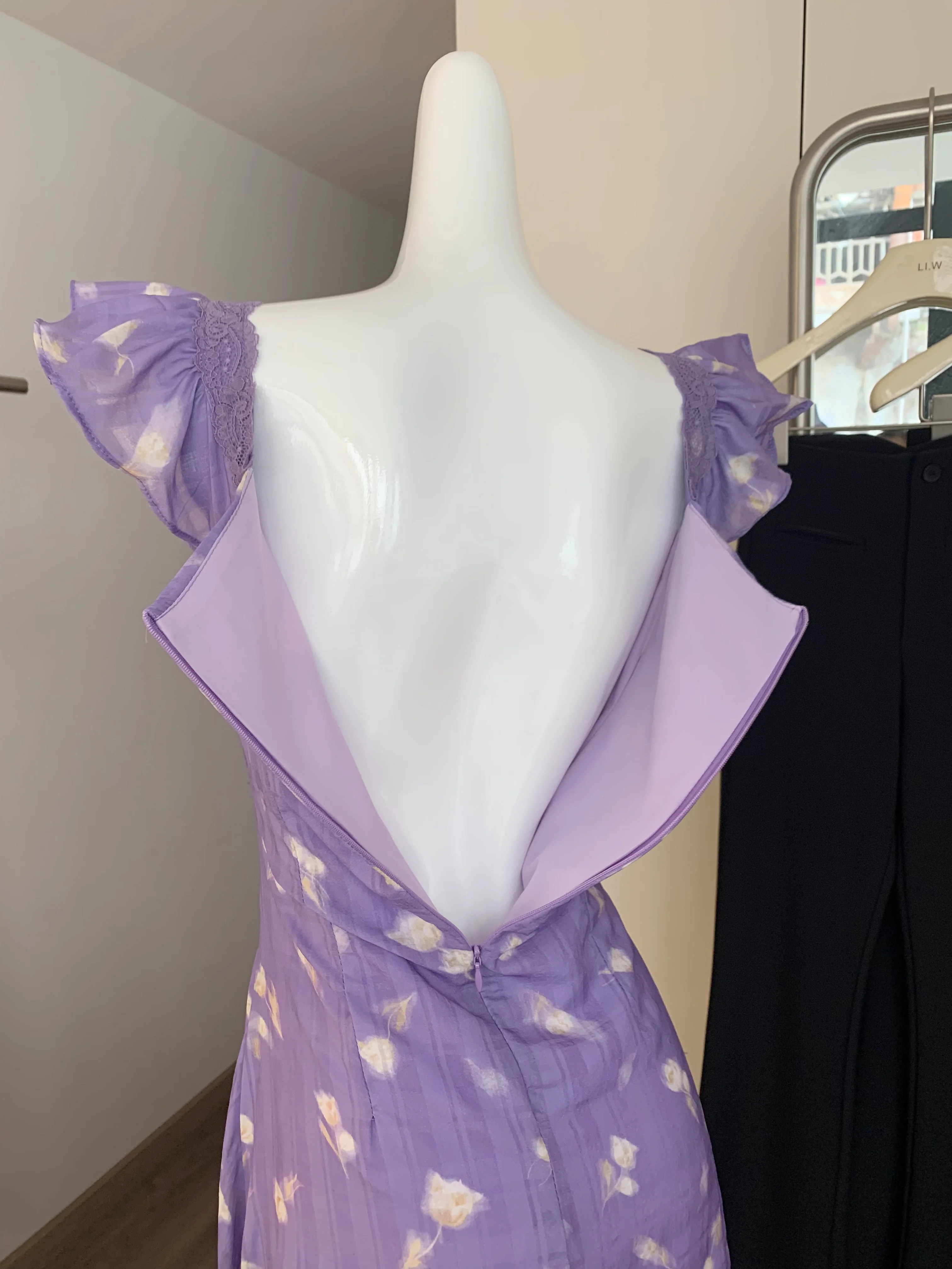 Women's Summer Lace U Neck Sleeveless Ruffles Shoulder Floral Long Sleeve Lady Elegant Slim Holiday Streetwear Dress