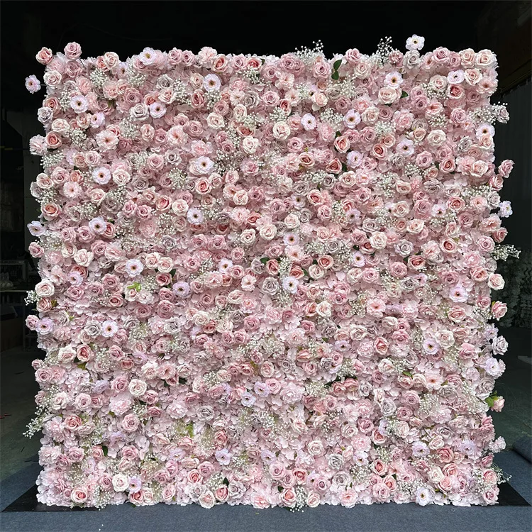 

High Quality 8x8 Roll up Silk Floral Panel Custom 3D 5D Pink Artificial Rose Flower Wall Backdrop Wedding Decoration