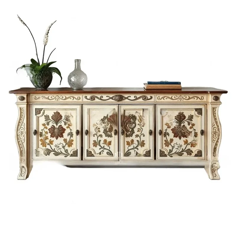 

wood carving flower entrance cabinet American country painted decorative cabinet living room locker storage cabinet