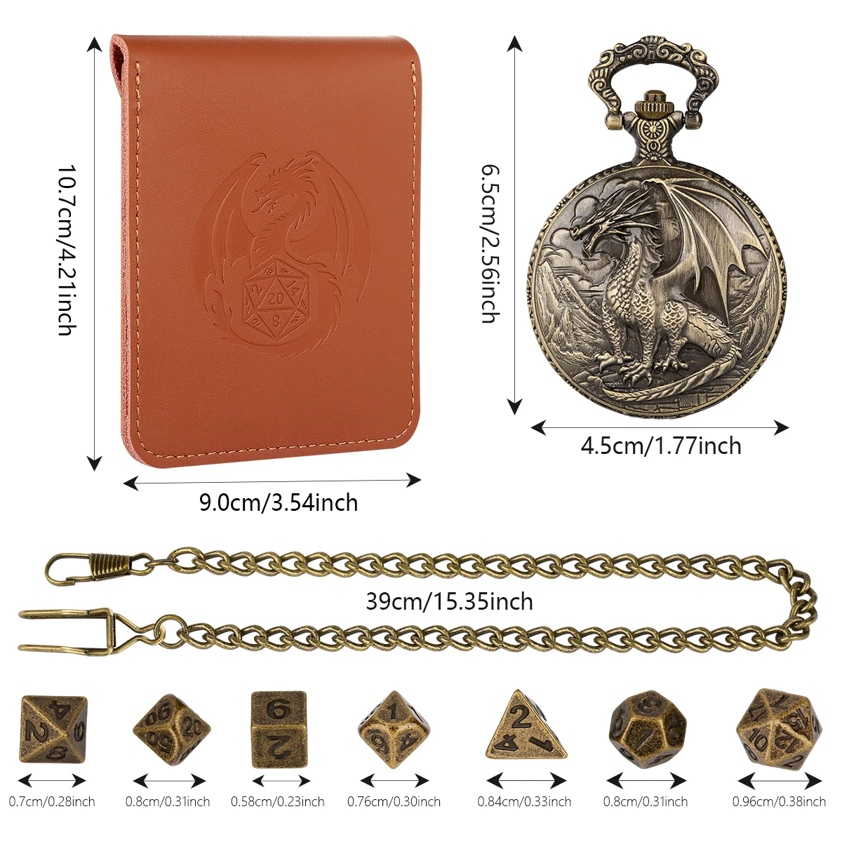 D&D Red Dragon Mini Dice Set with Steampunk Bronze Pocket Watch Shell Case 7pcs Polyhedral Metal DND Dice Leather Gift Bag