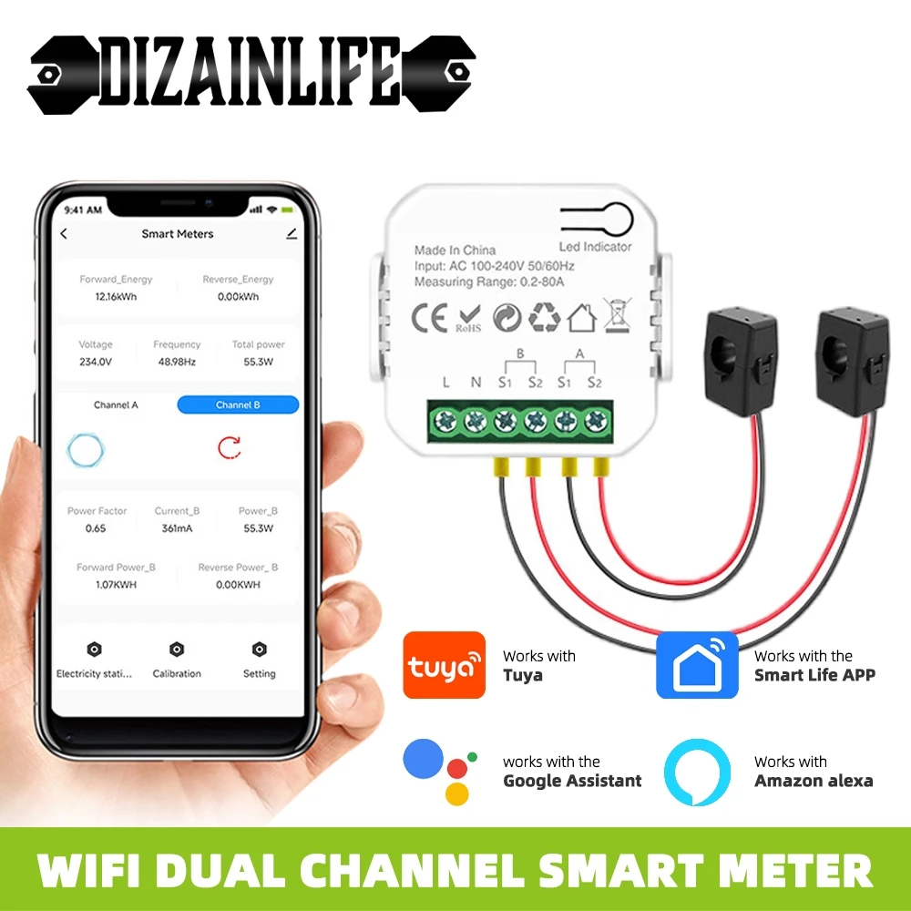 Tuya Smart Life WiFi Energy Meter 120A Bidirectional 1/2 Channels with Clamp App Monitor Solar Export and Import Power