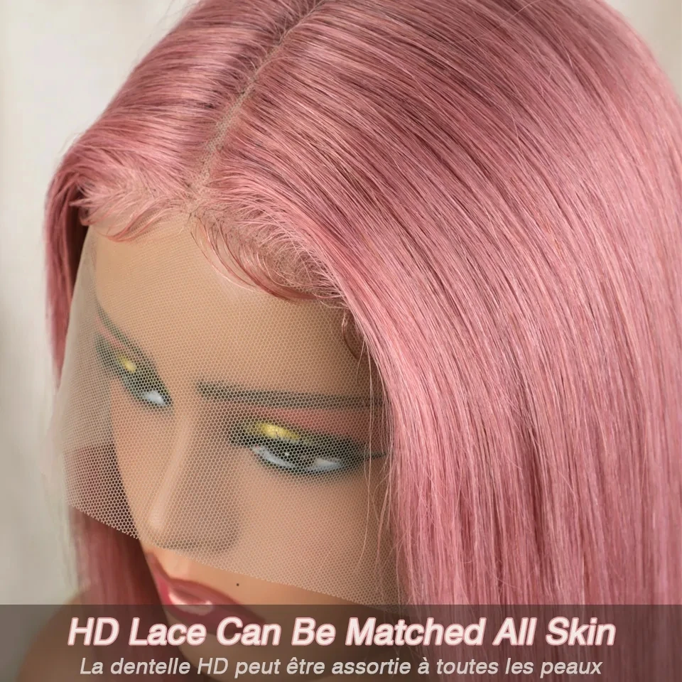 Perruque Bob Lace Front Wig naturelle brésilienne lisse, cheveux humains, pre-plucked, rose, blond, transparent HD