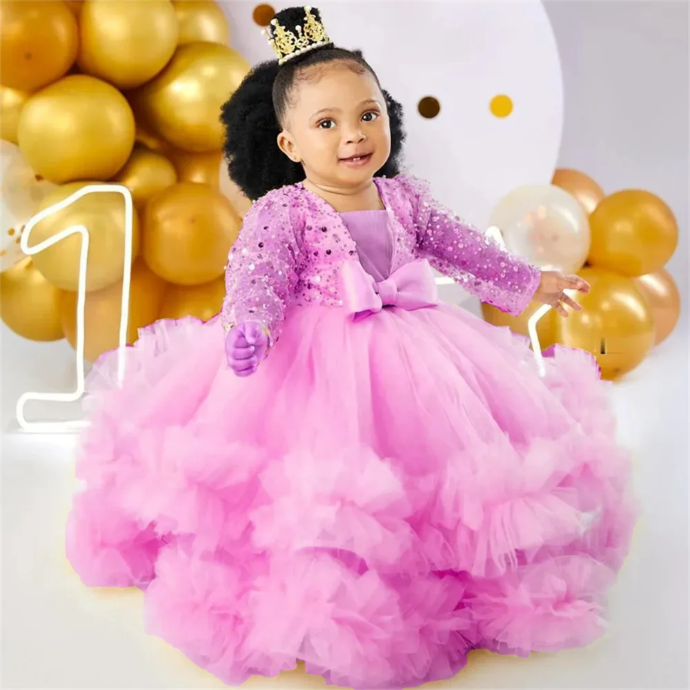 

Beauty Contest Sequined Pink Flower Girl Dresses V Neck Long Sleeves Lace Tiered Tulle Ball Gowns Flowergirl Dress Birthday