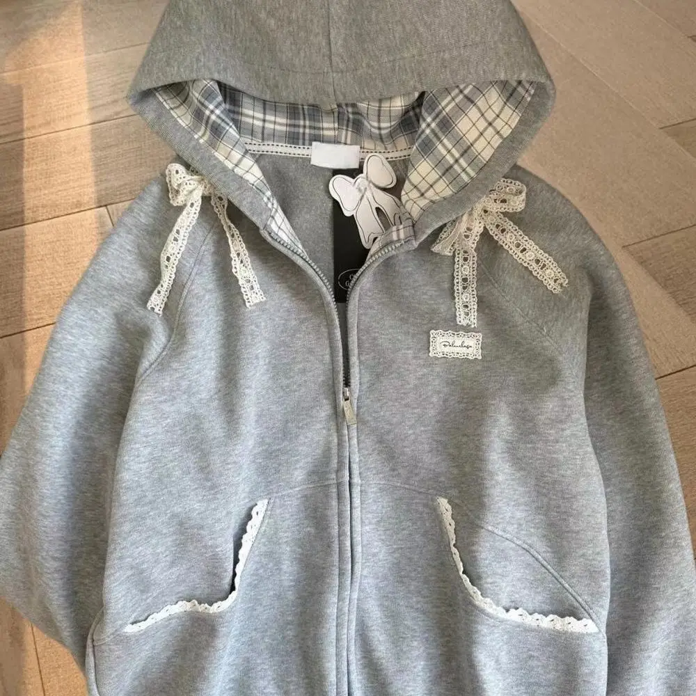 Gaganight Women Grey Bow Spliced Checkered Hooded Sweatshirt 2024 Autumn Winter New Loose Lazy Korean Chic Casual Female Jacket