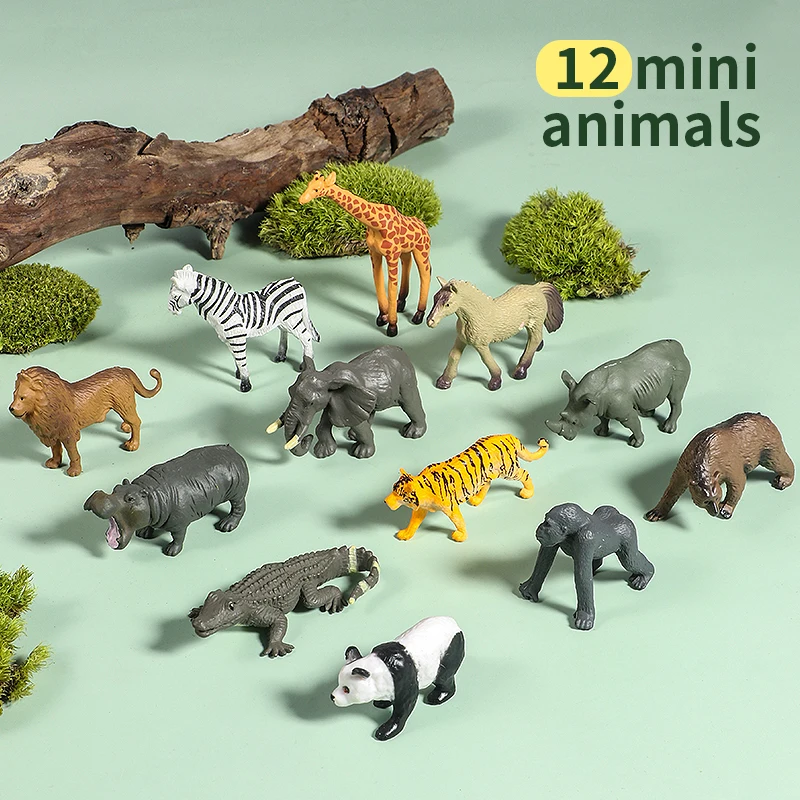 12pcs Mini Small Wild Jungle Zoo Animal Model Elephant Giraffe Tiger Panda Lion Figures Collection Educational Toy For Kid Gift