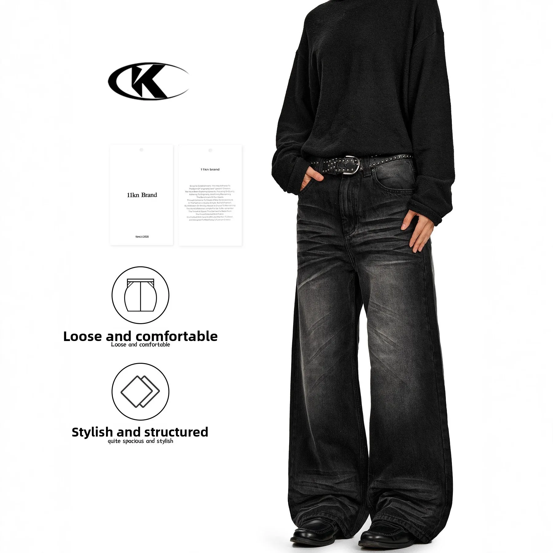 

Retro American Jeans Men's Casual Waed out Design Loose Wide Leg Jeans Straight Tube Trousers for Youth