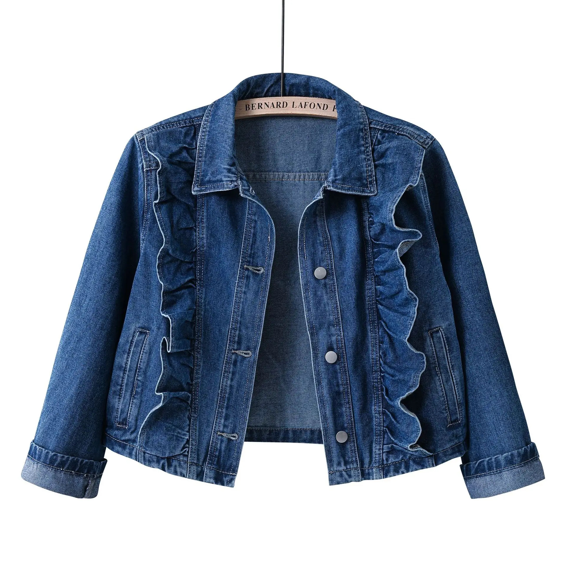 

Корейская джинсовая куртка с рюшами для женщин, однобортное синее пальто с лацканами, весна-осень, повседневная мода, милые куртки со сращиванием