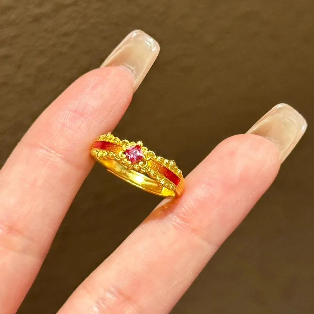 925 Sterling Silver Retro Gold Tone Red Enamel Zircon Open Rings Ornate Carved Medieval Royal Style Adjustable for Women Jewelry