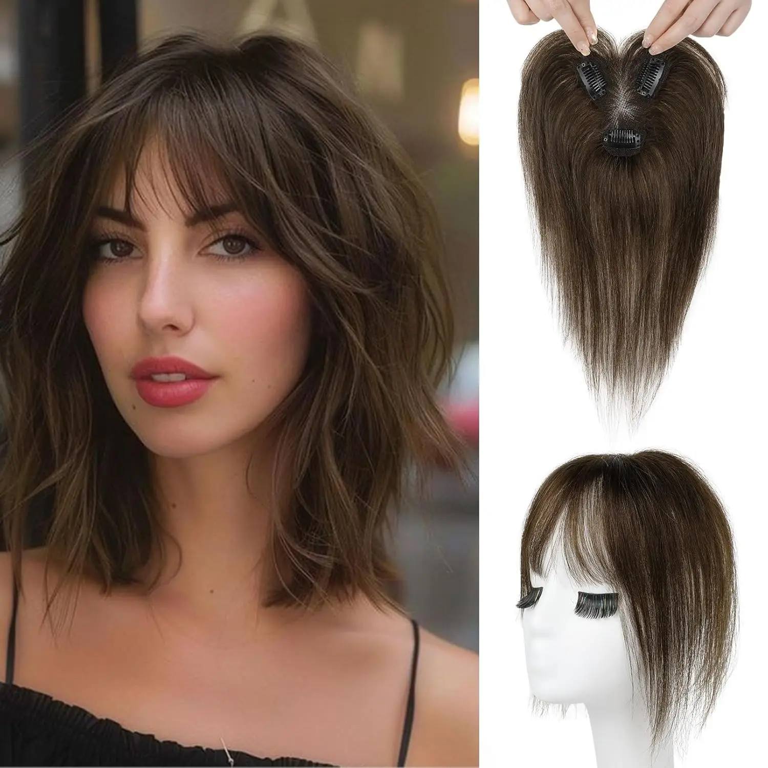 

Накладка из 100% натуральных волос Remy с HD-кружевом и встроенными заколками для повседневного ношения, естественная линия роста волос для маскировки истонченной короны и верхней части головы