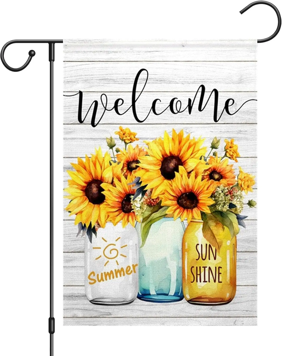 ChloropLastid Summer Garden Flag 12x18 Inch Welcome Sunshine Mason Jar Sunflower Double Sided Yard Flag Rustic Farmhouse Wooden