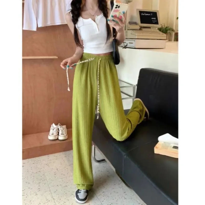 Autumn and Winter Women's Solid Color Elastic Lace Up High Waist Loose Long Wide Leg Fashion Casual Elegant Commuter Pants