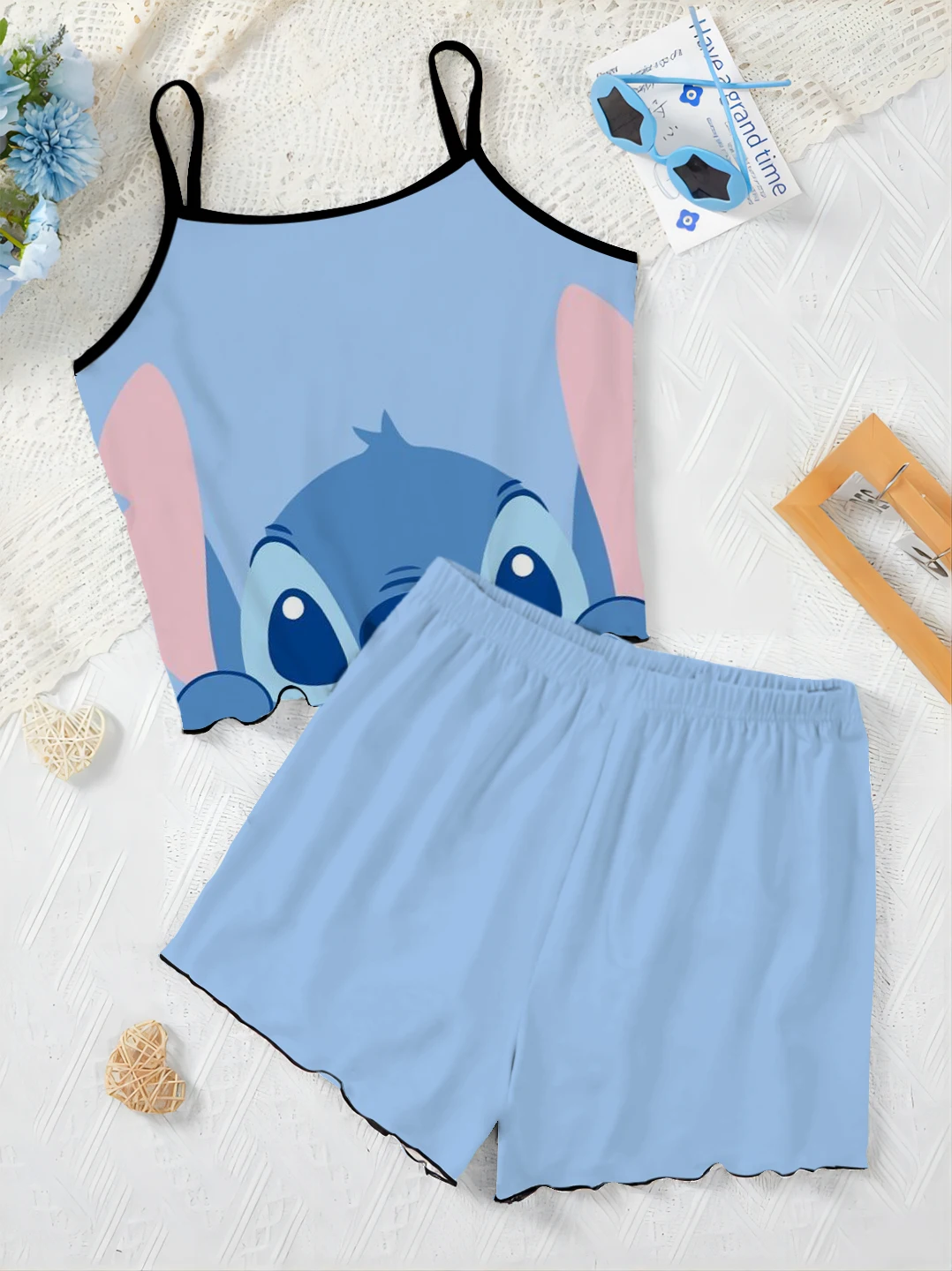 Top Summer Women's Suit T-shirt Home Dress Short Sets Disney Pajama Skirt Lettuce Trim Stitch Pieces Piece Outfit Elegant Disney