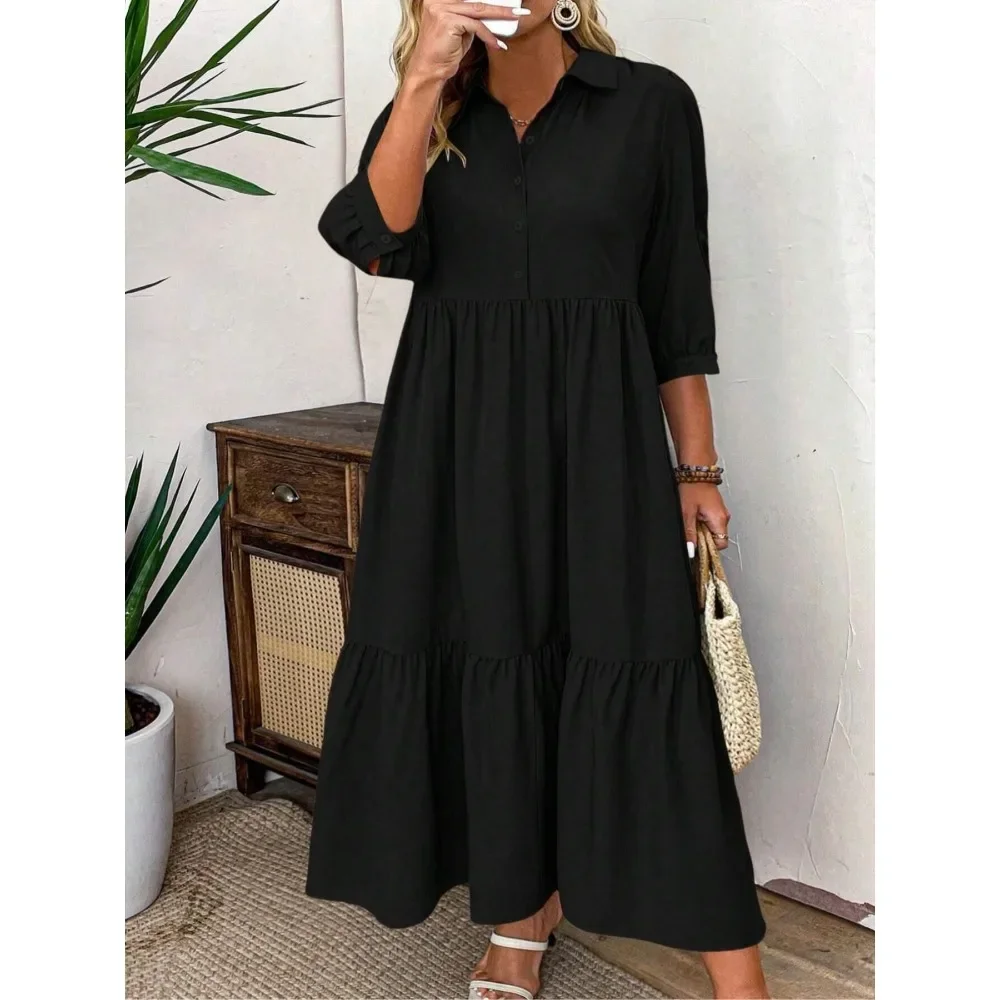 Sukienka codzienna dla kobiet plus size z rękawami do połowy ramienia, plisowana z przodu, zapinana na guziki, modna sukienka do noszenia na co dzień dla kobiet.