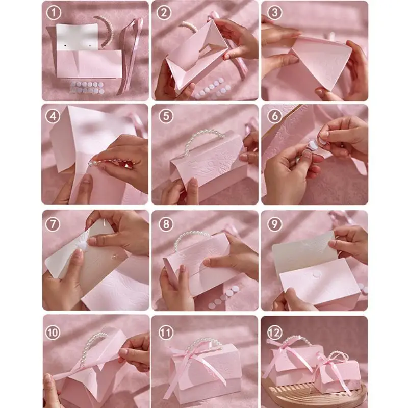 

【JYA1】10PCS Pink Pearl Portable Gift Box Wedding Portable Ribbon Souvenir Wedding Candy Paper Box DIY Party Packaging Supplies