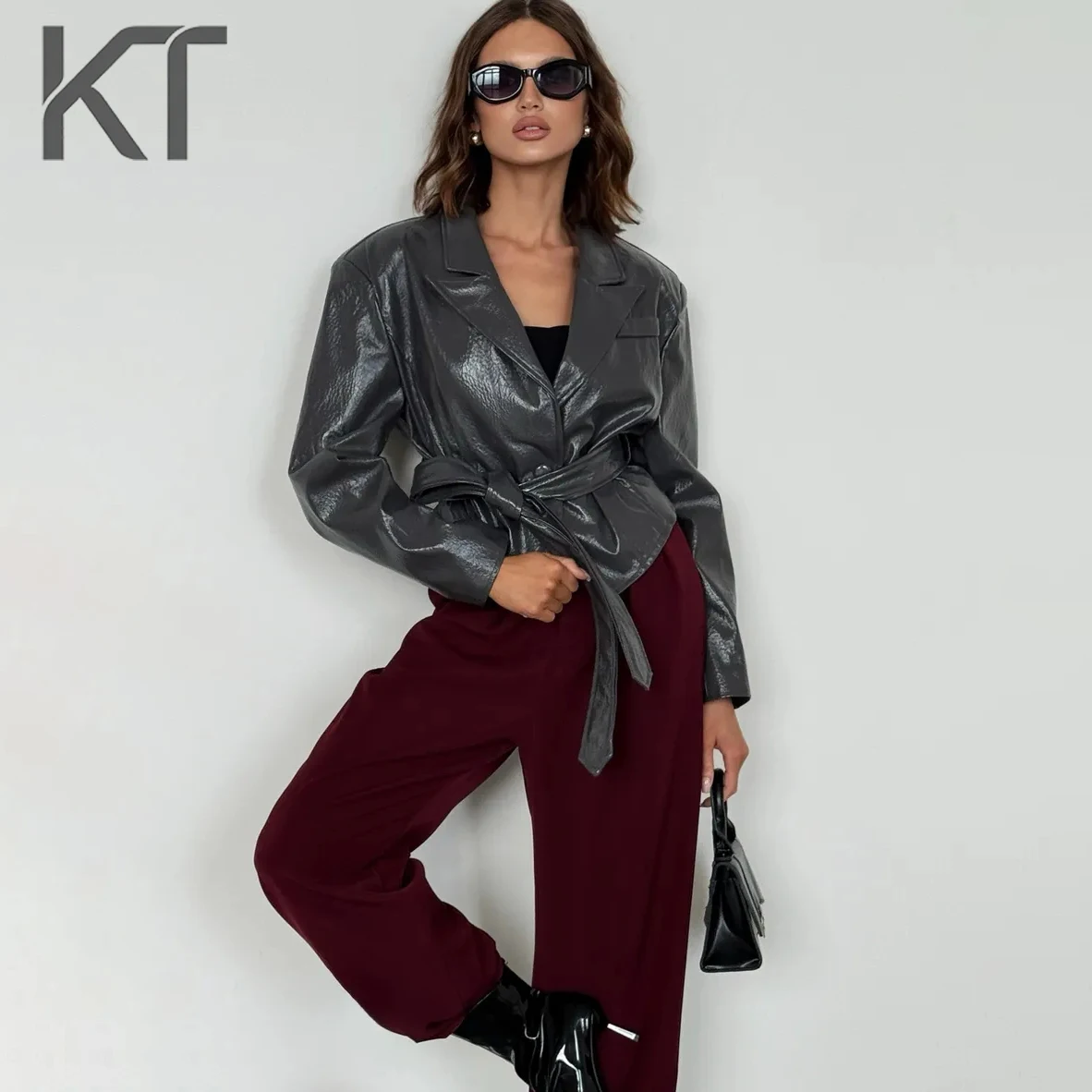 

KT Gray Cropped Faux Leather Blazer Women Crinkled Texture Notched Lapel Belted Waist Puff Sleeve Blazers 2026 New Arrival