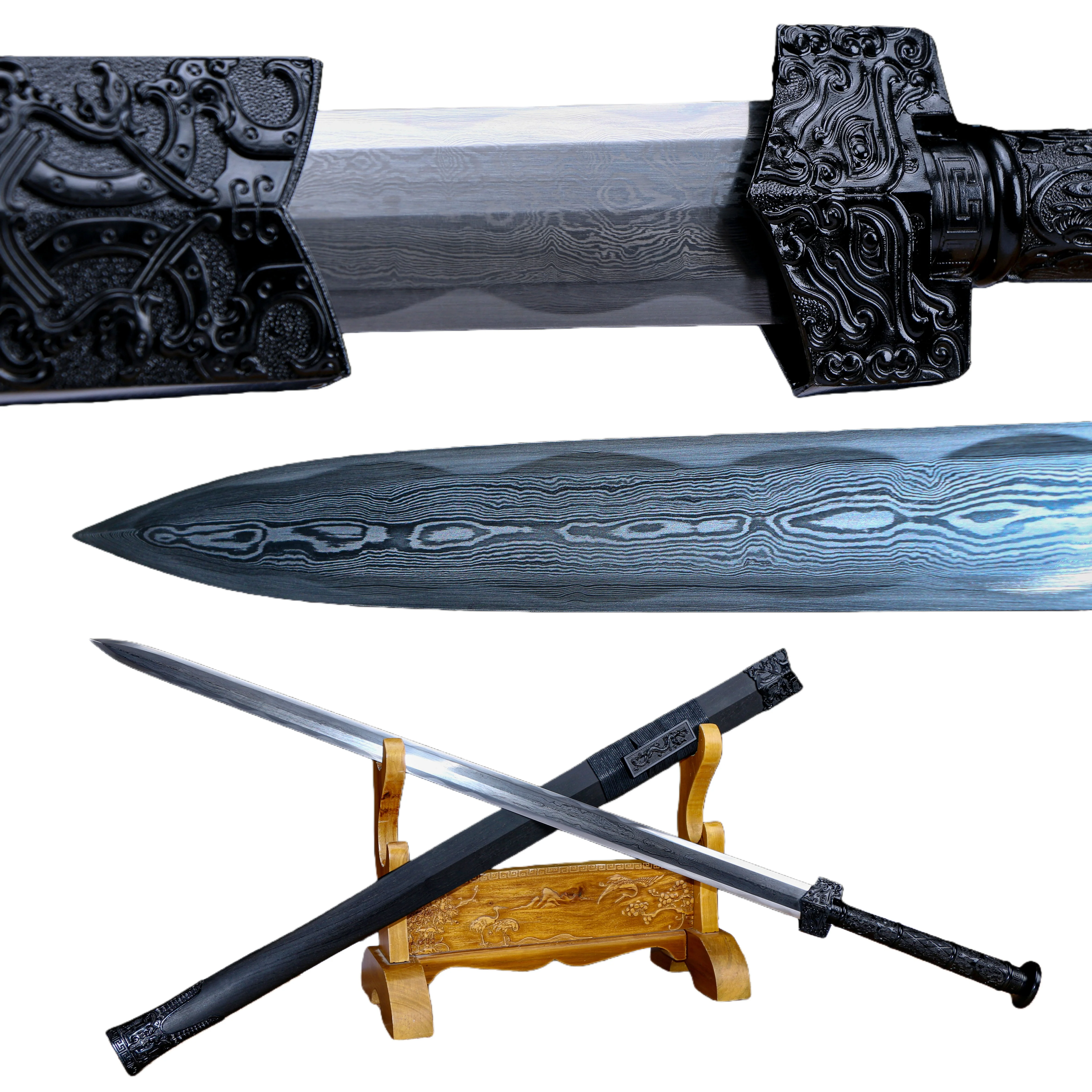 108cm Chinese Black Dragon Warrior Sword, folding high-performance Damascus steel sharp katana Medieval Royal Knight Warrior