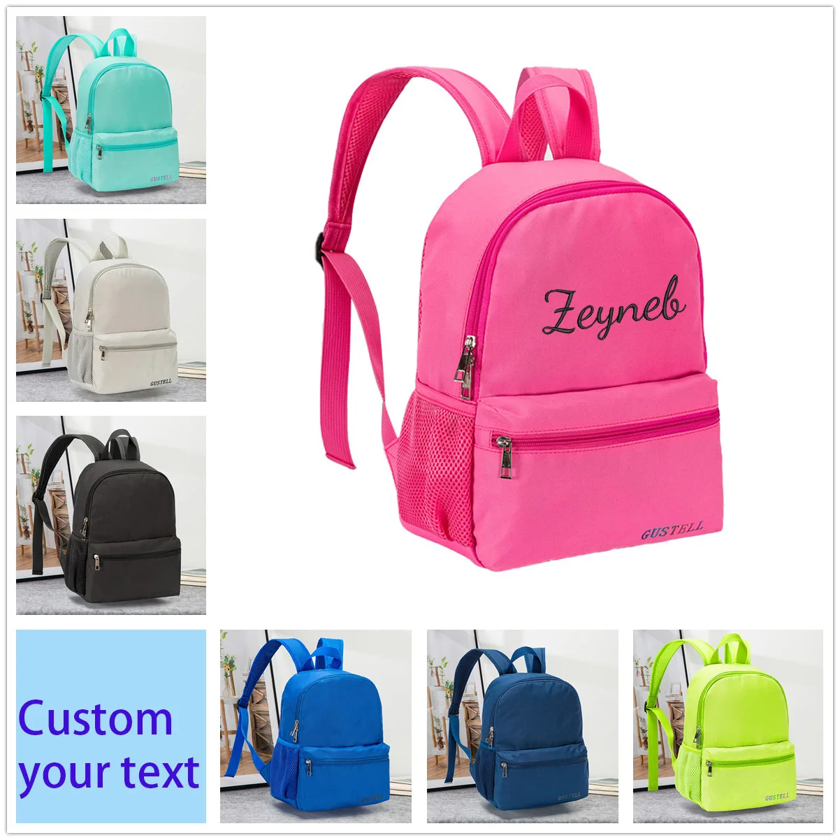 Bordado personalizado leve mochila unissex para escola, Boobag monocromático, nome personalizado, mochila simples cor doce, casual