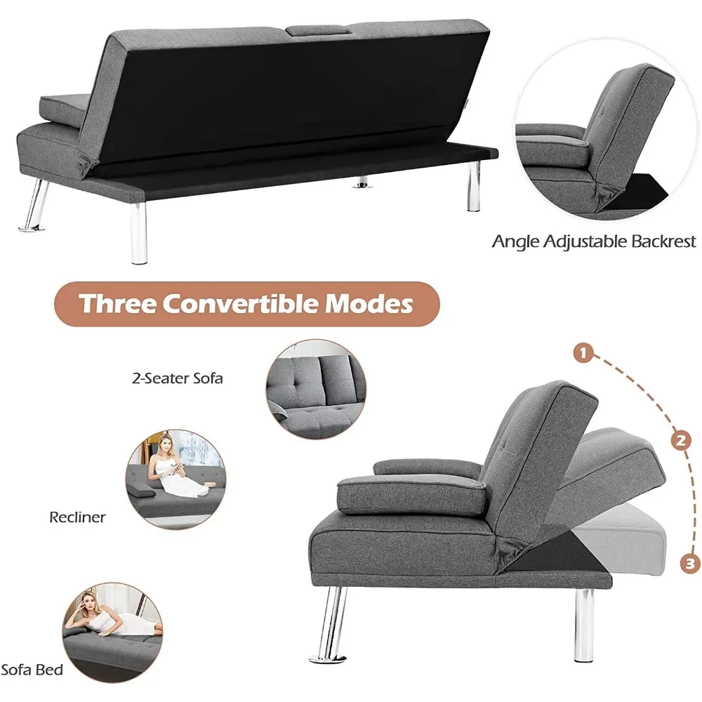 أريكة سرير فوتون منجدة من الكتان بالحجم الكامل، أريكة قابلة للتحويل مع ساق معدنية، مثالية للشقق والمساكن #5