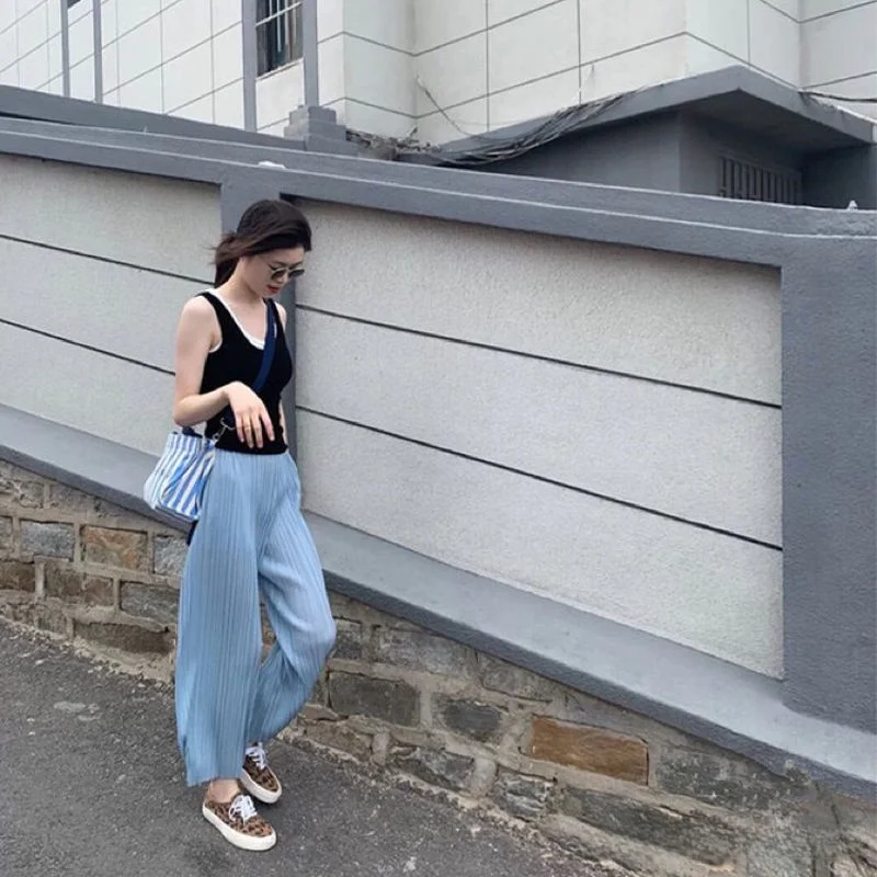 Women's Casual Pants 2025 Spring Season Elegant Style High Waist Loose Fit Thin Folded Straight Leg Draping Feel