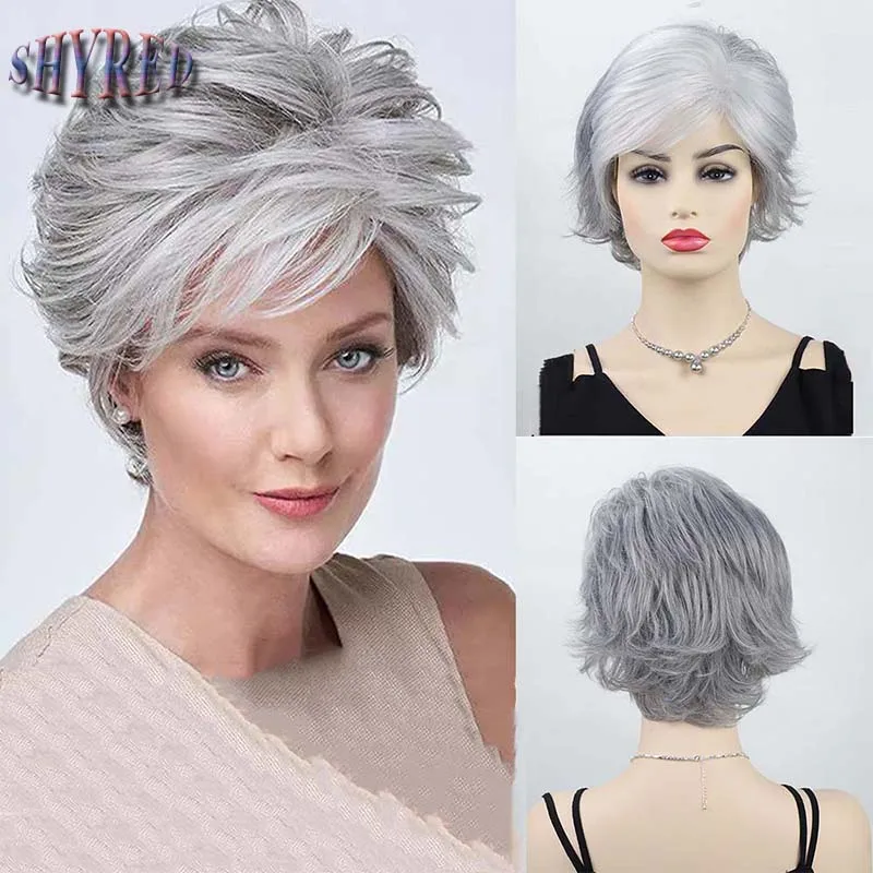 

Women's Short White Gradient Grey Wig Synthetic Layered Haircut Curly Wig with Bangs Elderly Ladies Realistic Wig