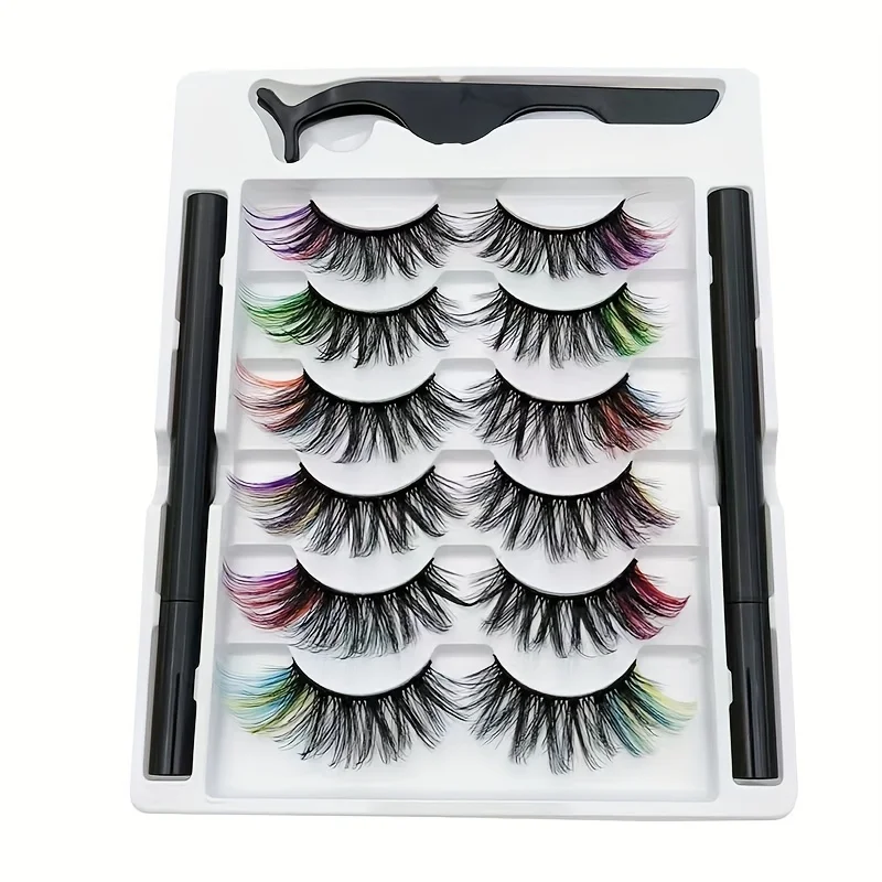 6 pares de pestañas postizas magnéticas rizadas esponjosas de visón 8D desordenadas de colores, lápiz delineador de ojos no es fácil de difuminar y traje sin fugas