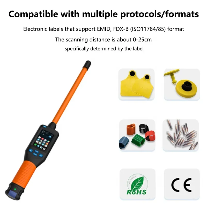 OTPS long stick sheep ear tag handheld scanner 134.2khz Fdx/hdx portable cattle rfid reader animal ear tag stick chip scanner