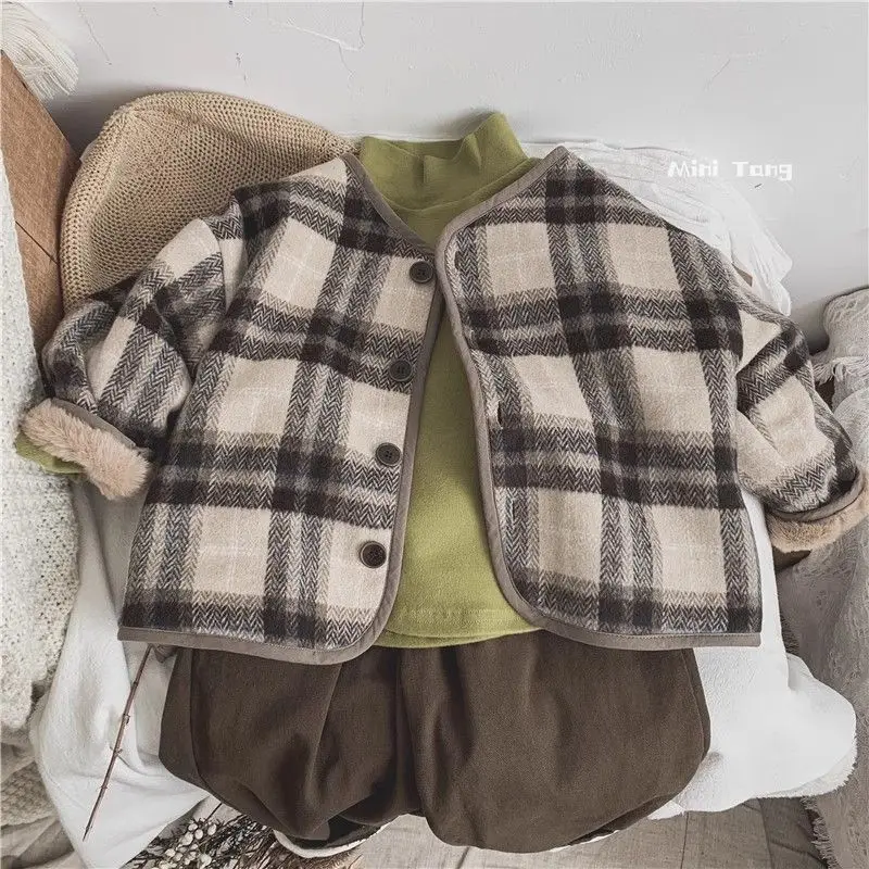 Boys Girls Woolen Plaid Children\'s Plus Velvet Coat Autumn and Winter New Outerwear Loose Cotton Coat Loungewear Outfit