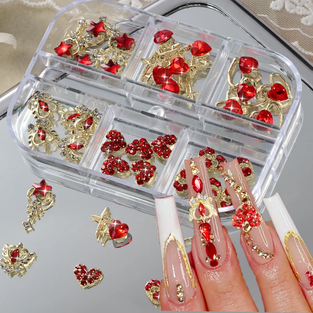 30Pcs/set Boxed Red Star Diamond Nail Charms Golden Hollowed-Out Alloy Nail Art Decoration Red Diamond Love Heart Nail Jewelry