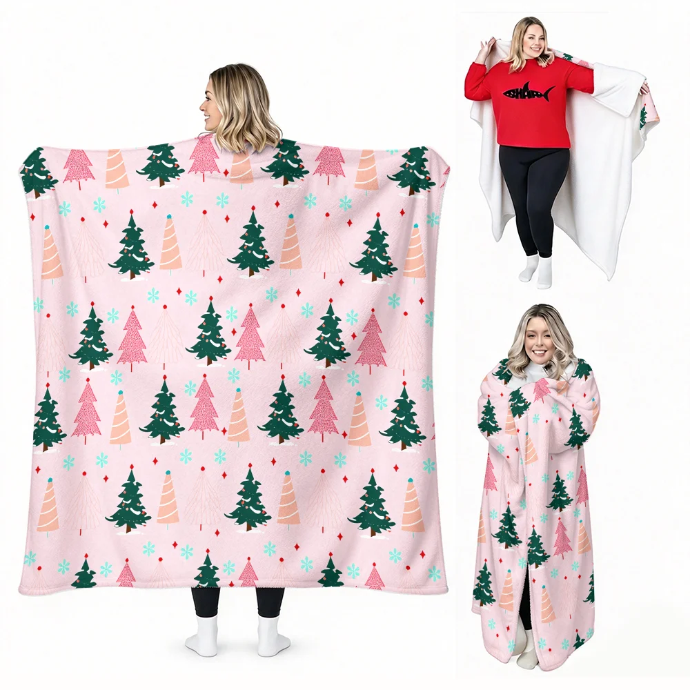 1PC Pink Christmas Tree Pattern Wearable Blanket-Soft and comfortable for both men and women. It is very suitable for daily use,