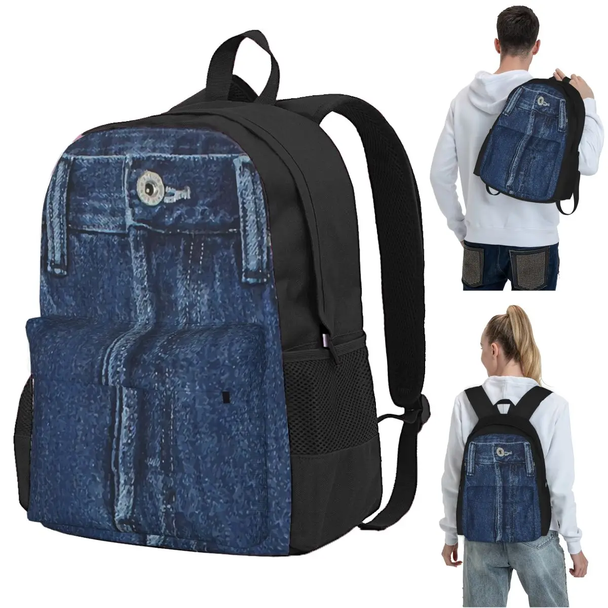 Blue Denim Classic Jeans Texture Backpack Student BookBag Children School Bag Computer Shoulder Bags for Men Women