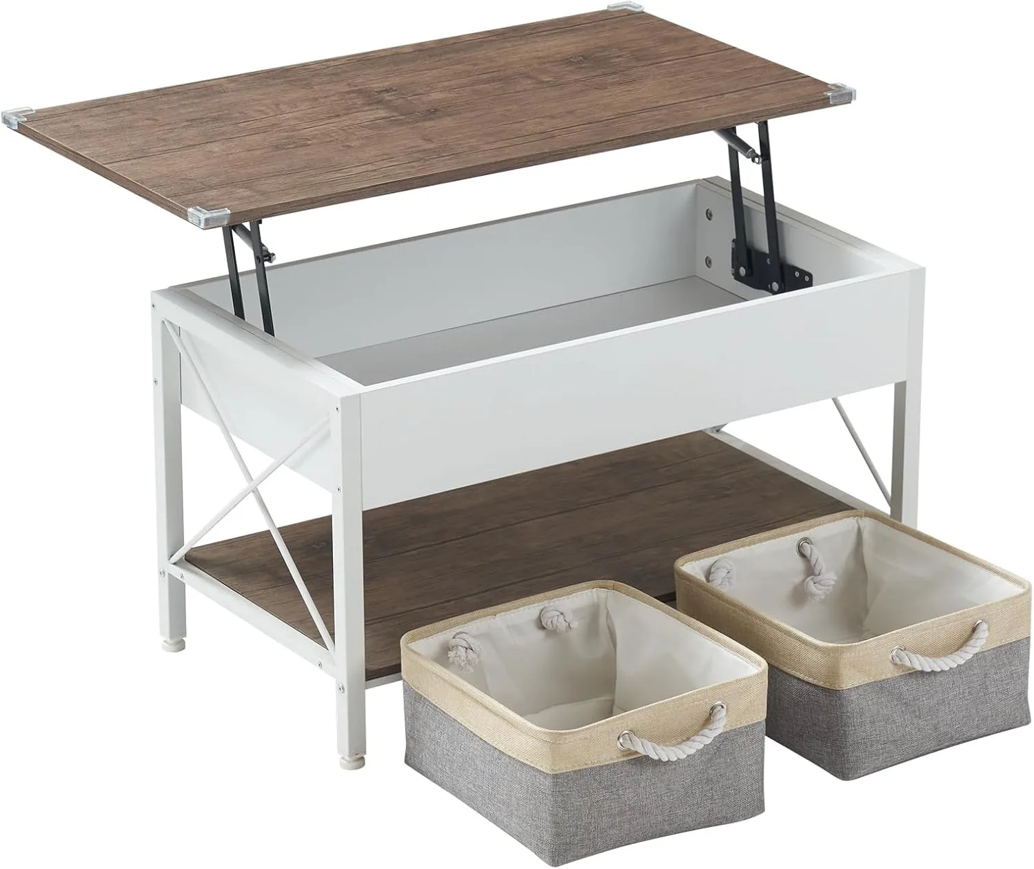 Café TablesLift Top Coffee Table 36 Inch with Storage Bins White Walnut Finish Modern Design
