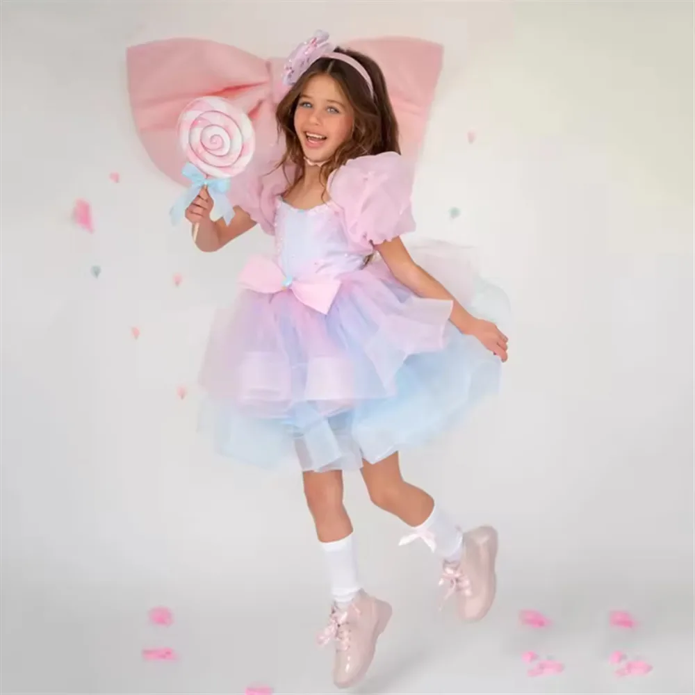 

Lovely Colorful Flower Girl Wedding Dress Bow Tiered Princess Birthday Party Dress Kids First Holy Communion Gown Customized