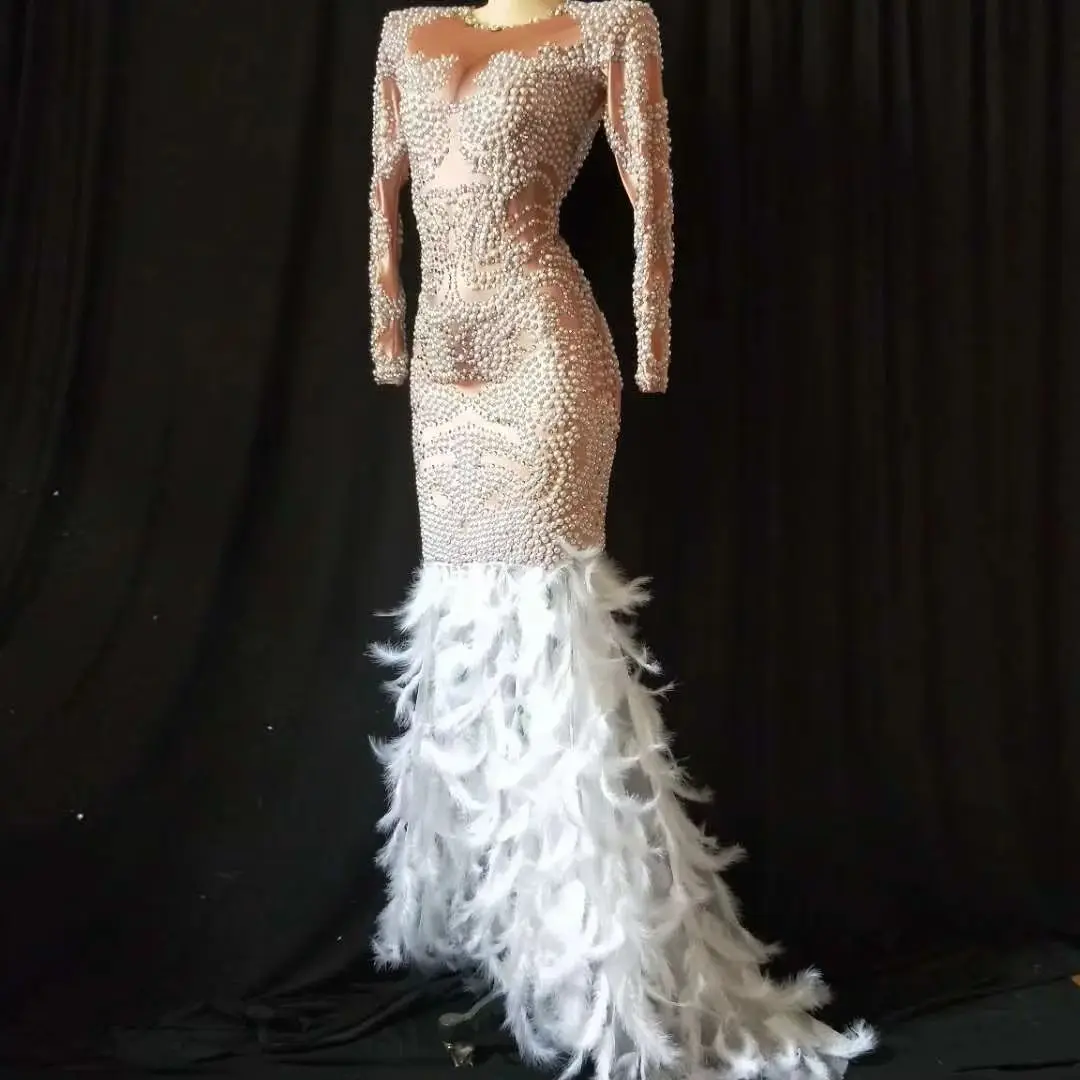 

Elegant Full White Pearls Floor-length Dress Birthday Party Prom Feather Evening Dress New Years Eve Party Outfit Zhenzhuyumao