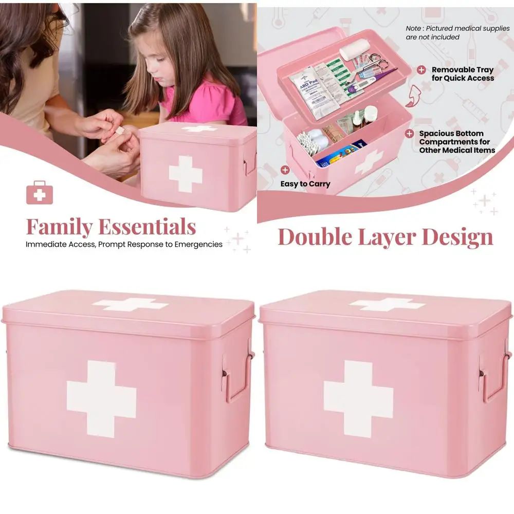 

Vintage 13 Pink Metal First Aid Kit with Removable Tray and Dividers