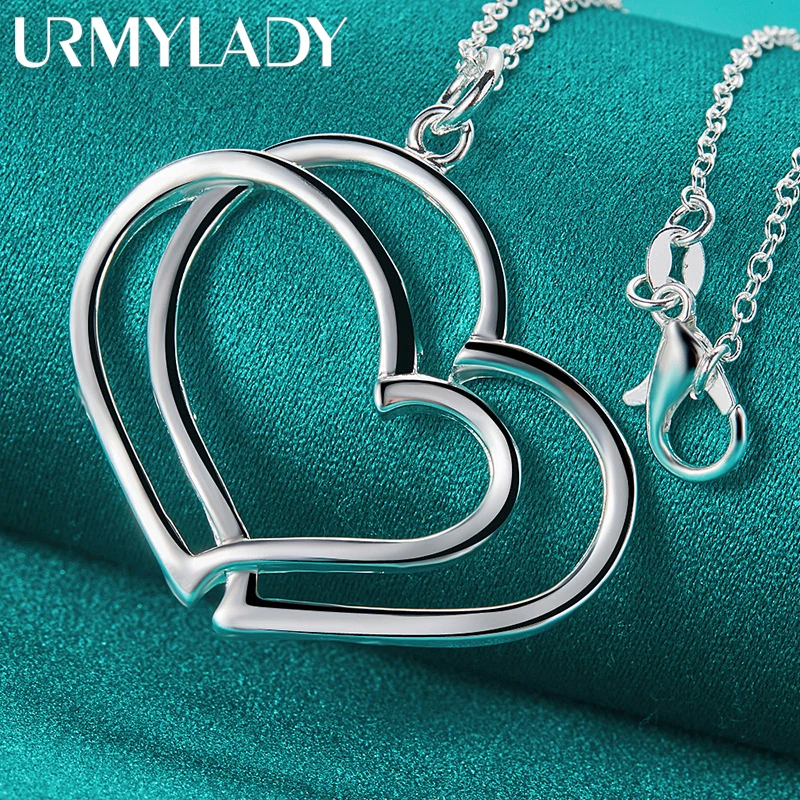 

URMYLADY 925 Sterling Silver Double Love Heart 16/18/20/22/24/26/28/30 Inch Pendant Necklace For Women Wedding Fashion Jewelry