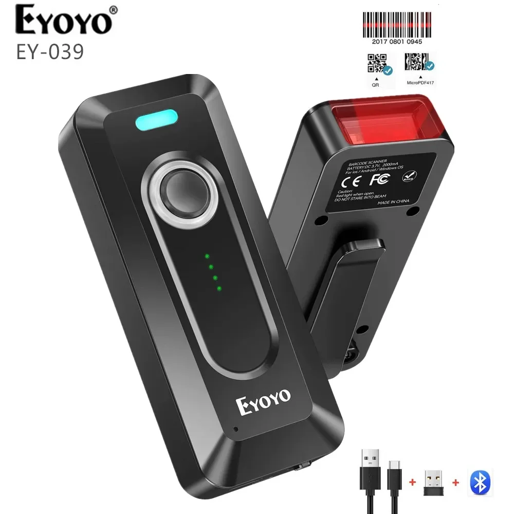 Eyoyo 2D Bluetooth Barcode Scanner Wireless with Clip 2000mAh Battery Level Indicator Portable Mini QR Bar Code Reader for store