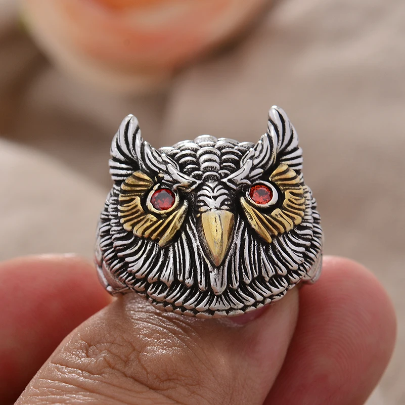 2023 New Design Vintage Owl Animal Red Crystal Eyes Thai Silver
