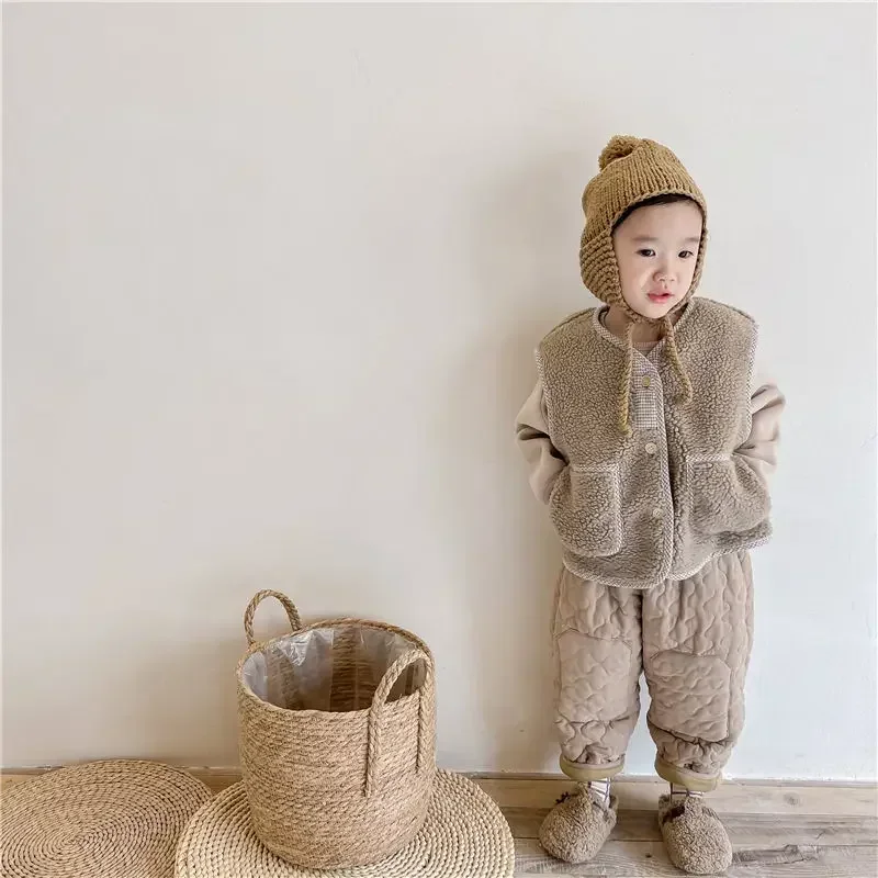 Winter Warm Kids Vest Solid Baby Sleeveless Lamb Wool Coat Children Thicken Vest Cotton Girls Windproof Vest Children Jacket