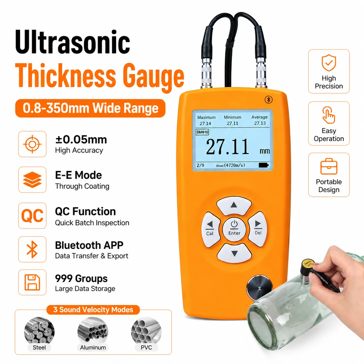 Ultrasonic Thickness Gauge 0.01mm Accuracy ±0.05mm Coating Tester Bluetooth APP 999 Data for Metal Pipe NDT CE