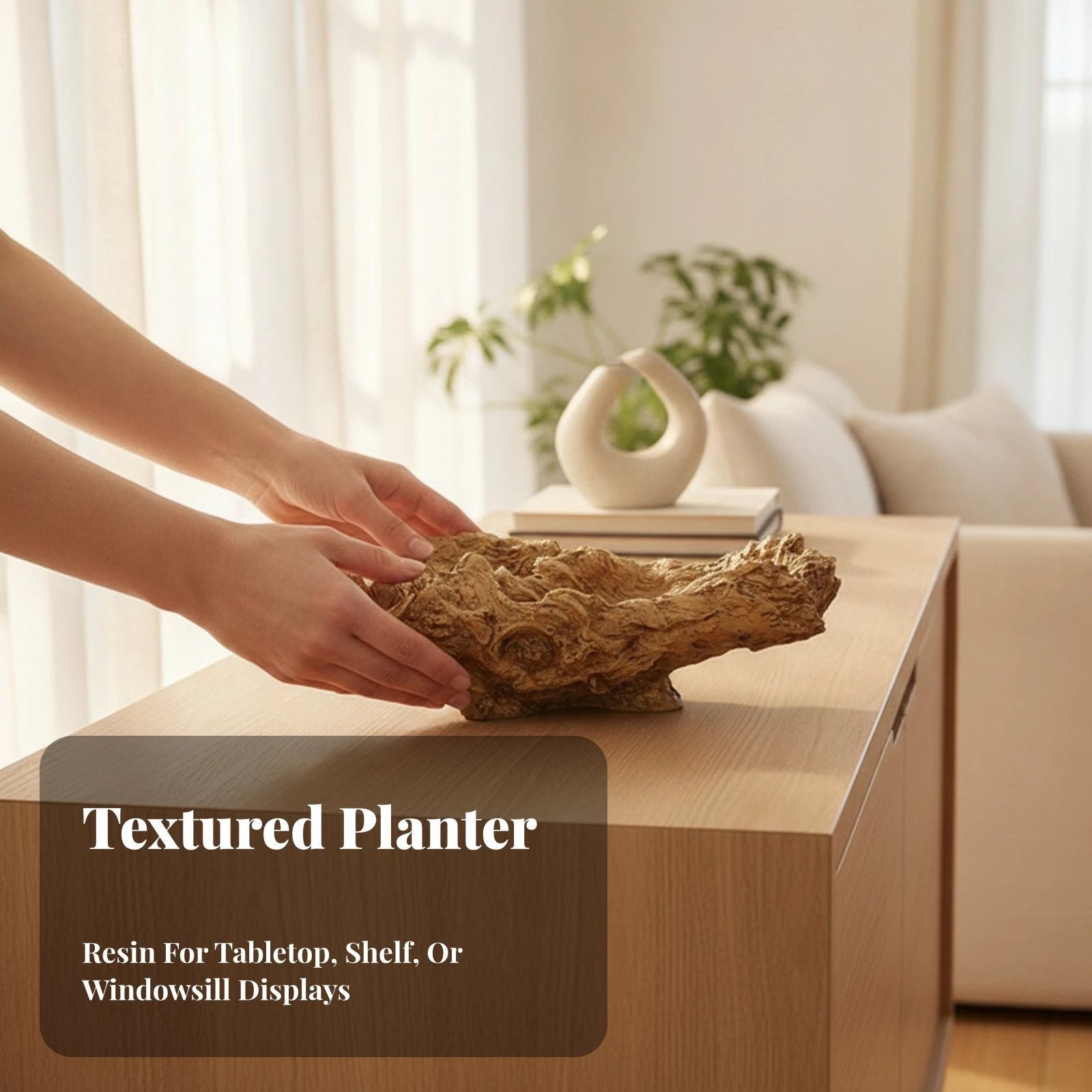 Planter with Faux Wood Bark Appearance Shallow Boat-Like Planter Pot Vintage Container Indoor for Tabletop, Windowsill