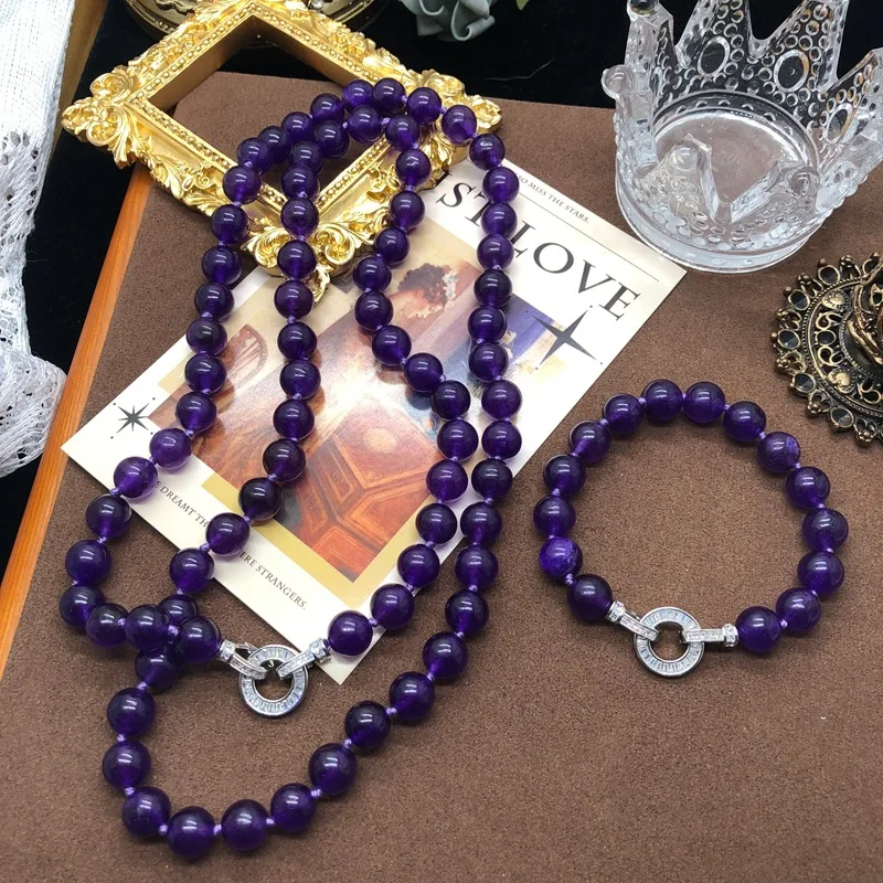 Jewelry Set for Women Jewel Purple Diamond Agate Jade Beads Long Sweater Chain Necklace Party Show Daily Lady's Statement