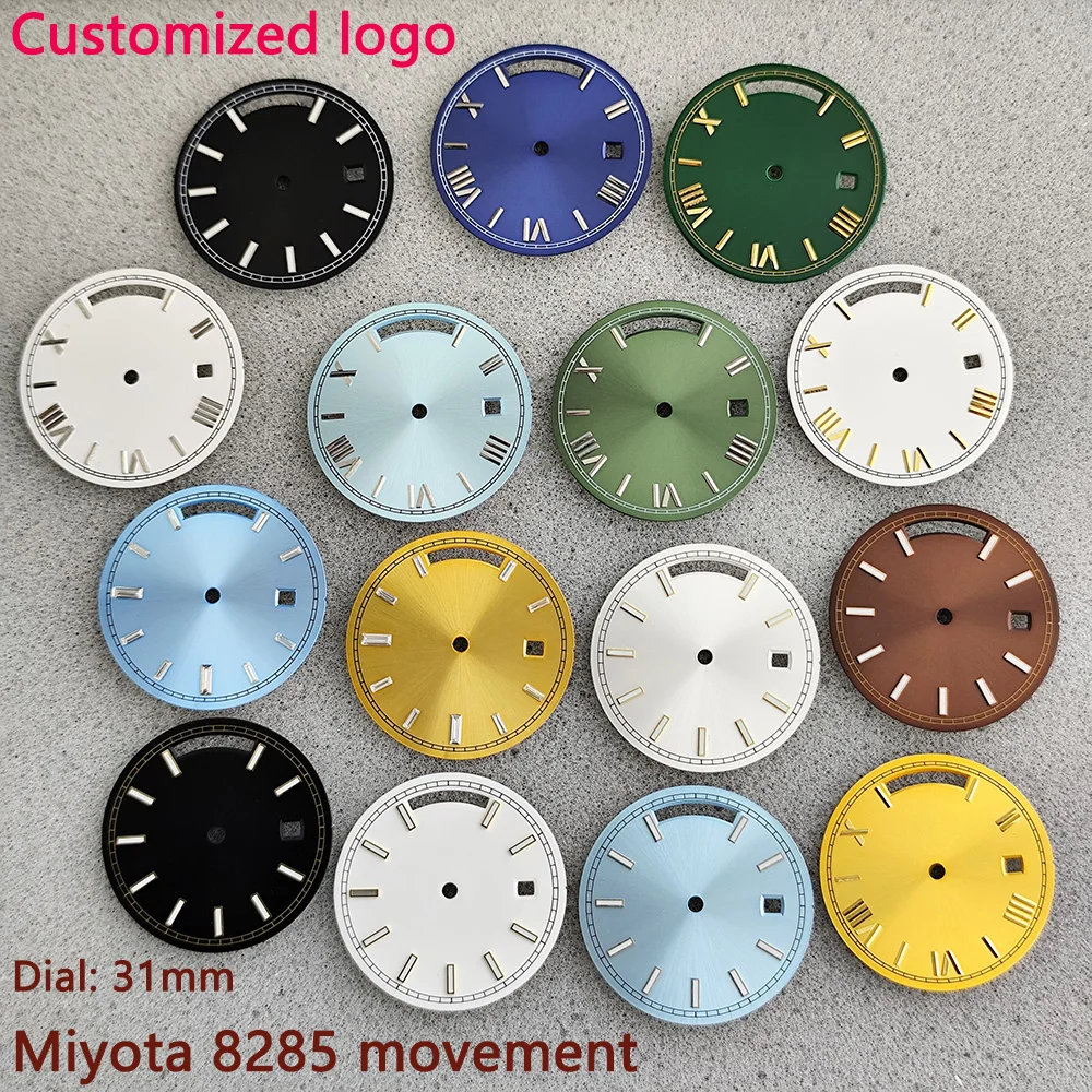 Tarcza 31 mm Tarcza Miyota8285 odpowiednia do podwójnych kalendarzy Ruch Miyota Tarcza szpilkowa w rzymski pasek Niebiesko-zielone świecące kropki