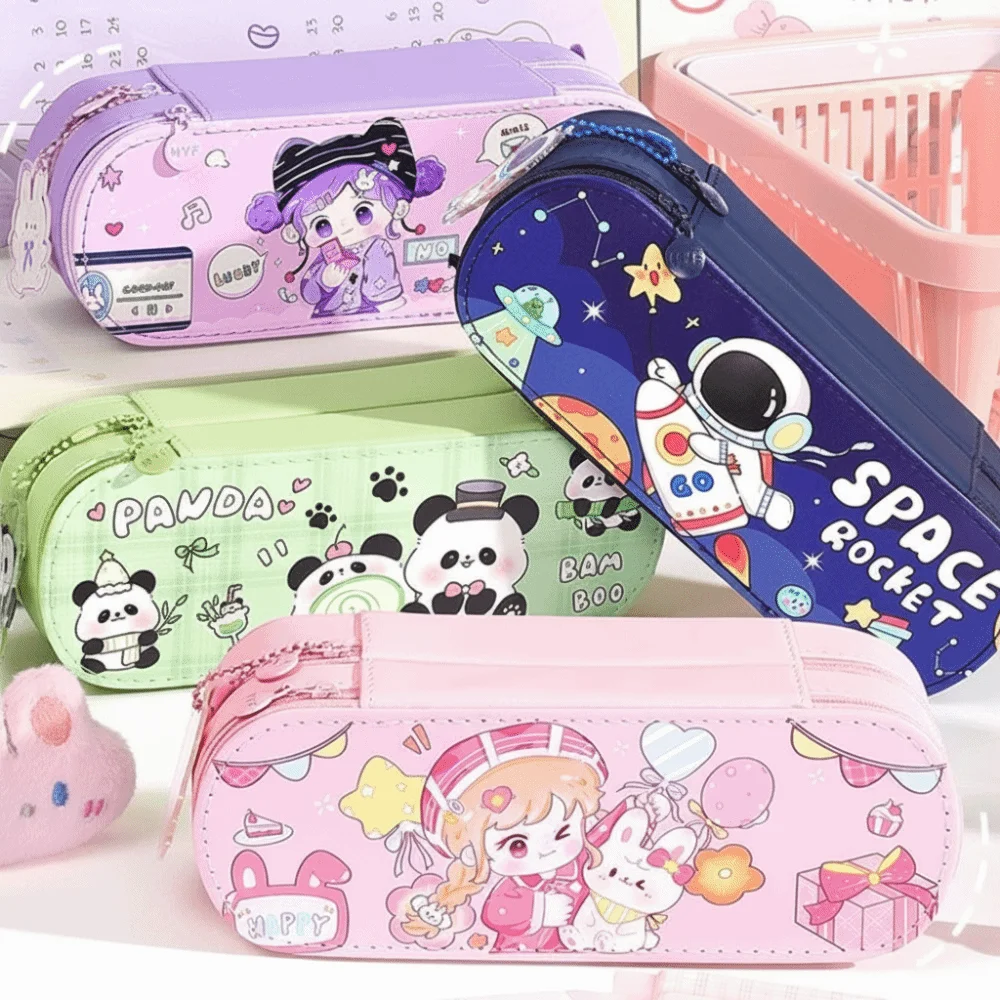 PU Leather Material Double Layer Pen Box Layered Structure Durable Construction Multi-Functional Pencil Box