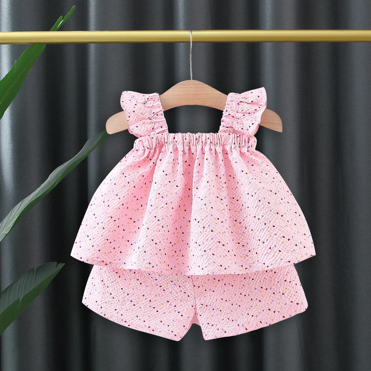 New baby girl suspender shorts 2/piece set summer girl color carefully printed bow small flying sleeve suspender