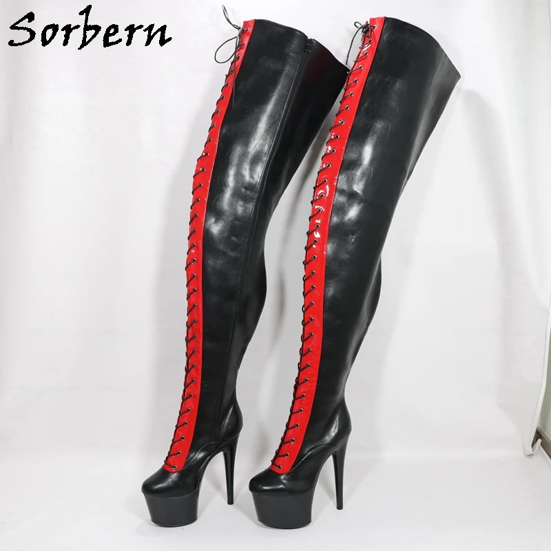 Sorbern 17Cm Pole Dance High Heels Boots Women For Pole Dancer Black And Red Mid Thigh High Drag Queen Shoes Custom Legs Width