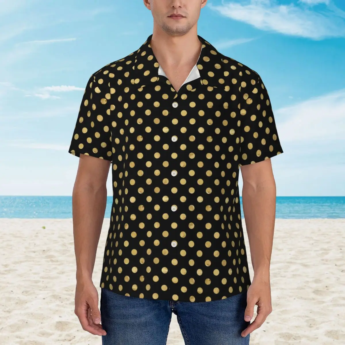 

Gold Dot Casual Shirt Elegant Polka Dots Classic Summer Shirts Men Short Sleeve Beach Breathable Pattern Oversize Blouses