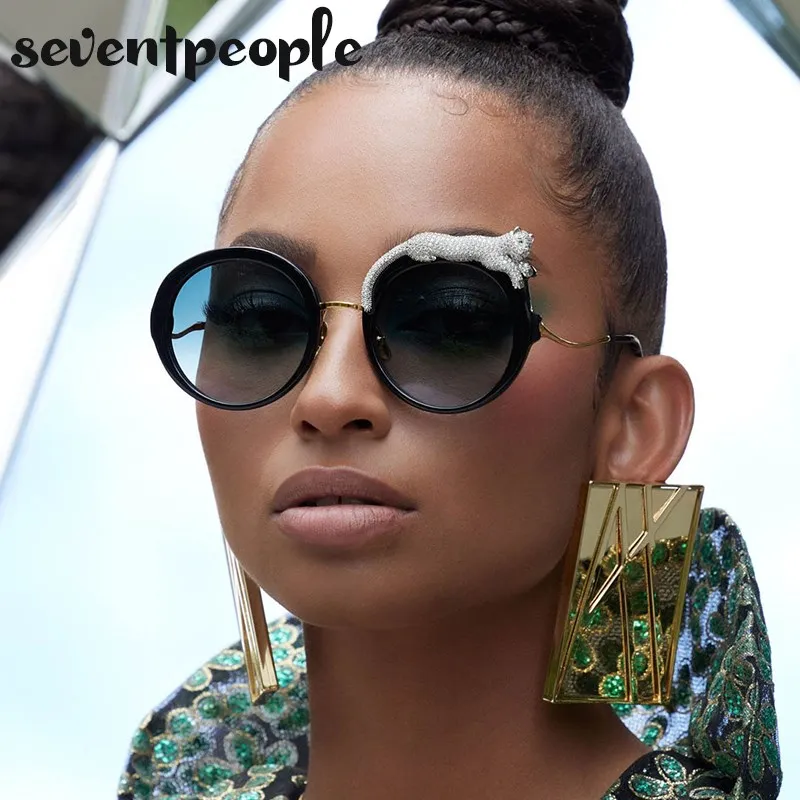 Runde Sonnenbrille Frauen Luxus Designer Kristall Leopard-Shaped Sun Gläser für Weibliche Mode Anti Blau Licht Brillen Damen – Detail 1