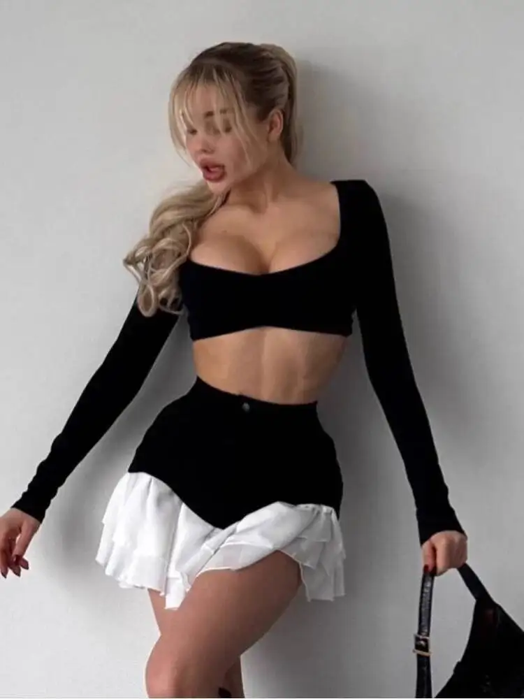 

Women's High-Waist Slimming Skirts Patchwork Denim Pleated Bodycon Skirt Sexy Irregular Hem Mini Skirt